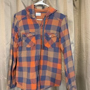 Columbia Orange and Navy Plaid Hooded Button-Up Shirt